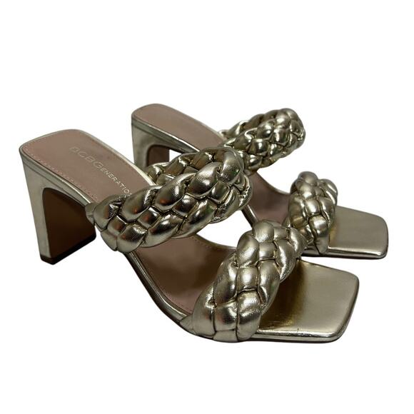 BCBGeneration Shoes - BCBGeneration Finaa Platino Gold Woven Braid Sandals 7M Square Toe Slide Chic